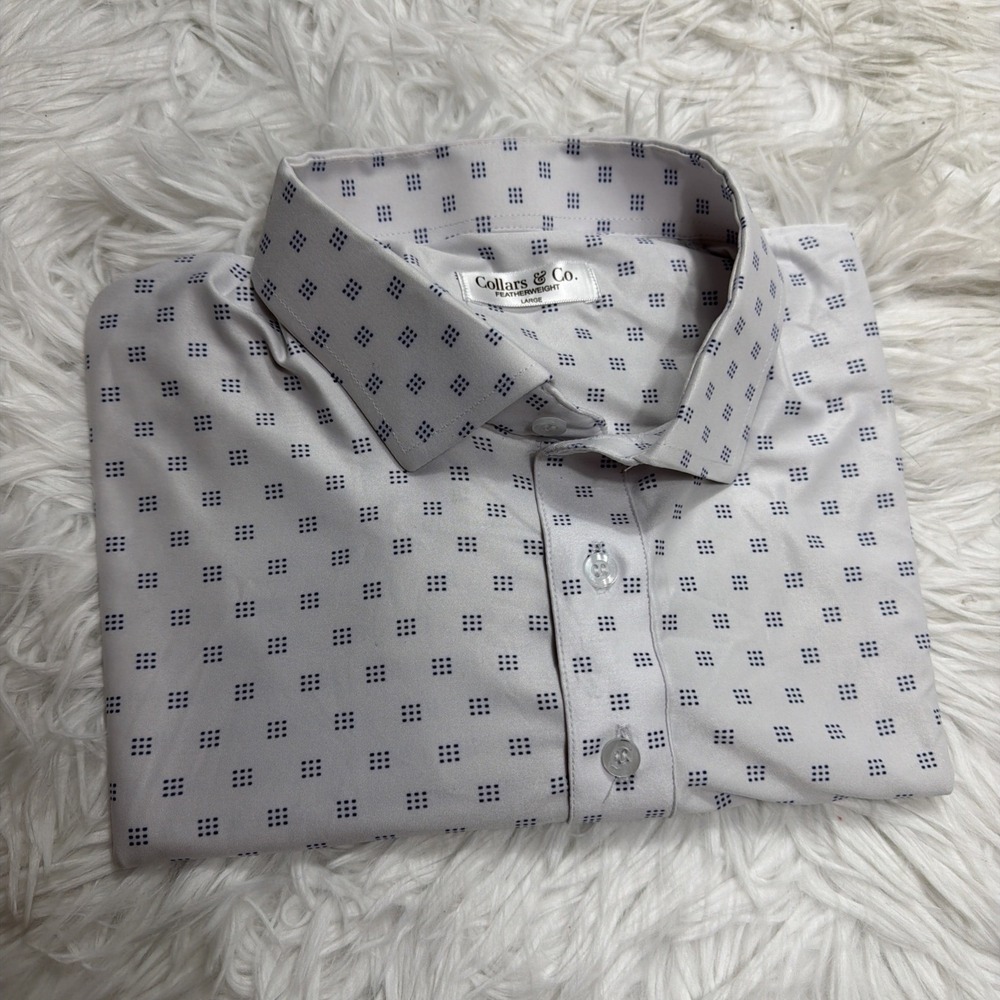 Collars And Co Shirt Men Large‎ Firm Dress Polo Featherweight White AOP New!